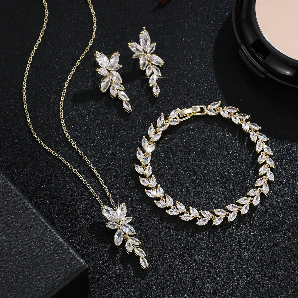 Leaf Shape Fashion CZ Necklace Earring Bracelet and Ring Sets