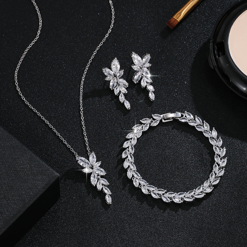 Leaf Shape Fashion CZ Necklace Earring Bracelet and Ring Sets