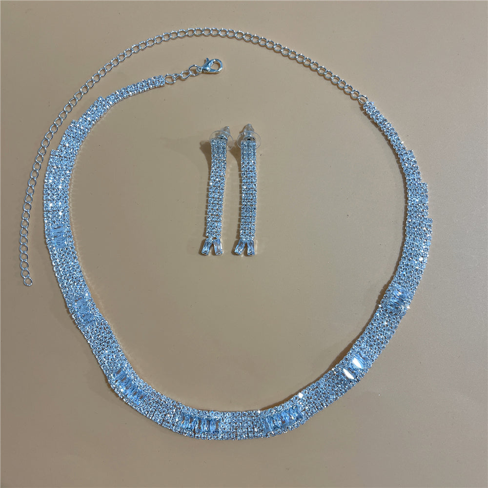Zircon Rhinestone Stud Earrings and Necklace Jewelry Set