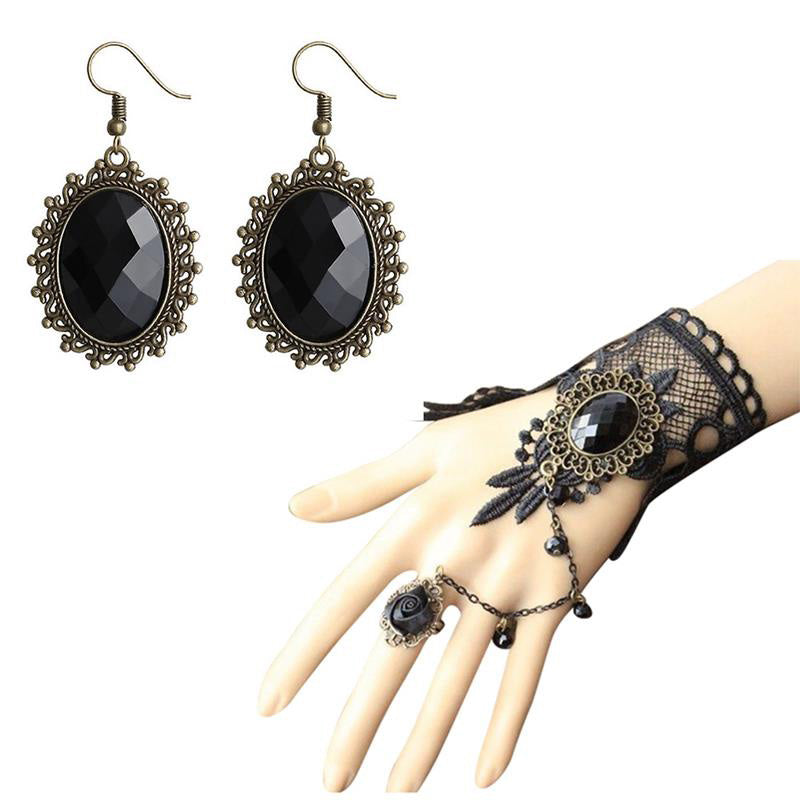 Vintage Lace Choker Necklace Ring Hand Bracelet Drop Earrings Set