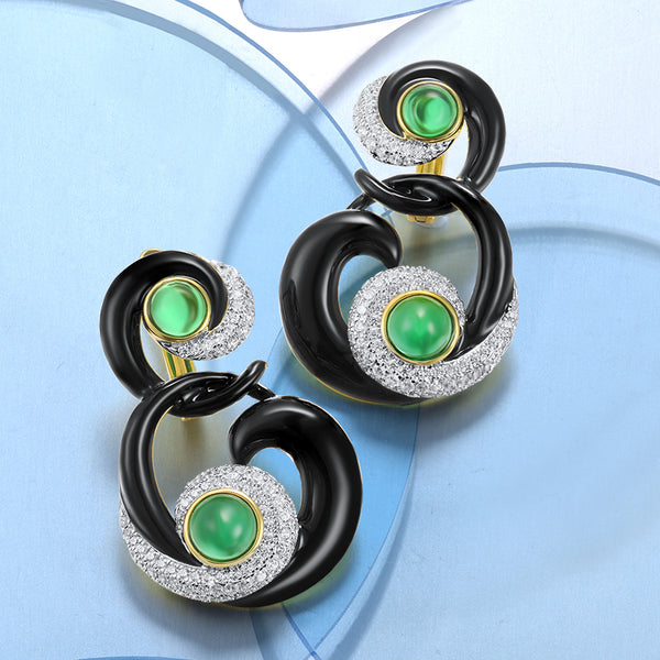 Green Stones White CZ Black Enamel Curved Earrings