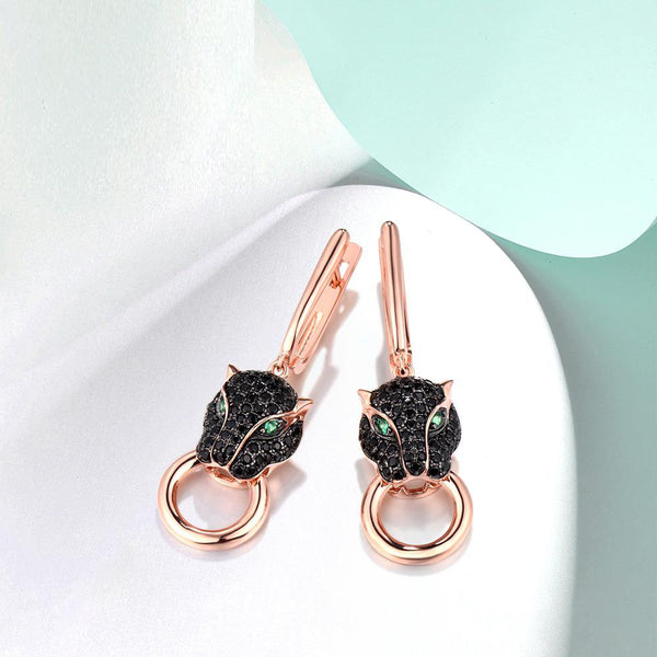 Pendientes de plata de ley 925 con espinela negra y pantera leopardo.