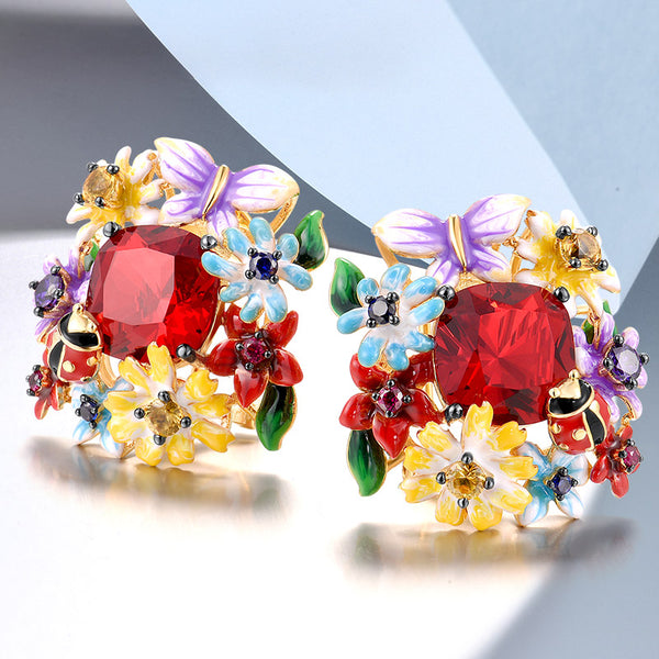 Pendientes de plata de ley 925 con piedra roja, flores de colores, mariposa y mariquita.