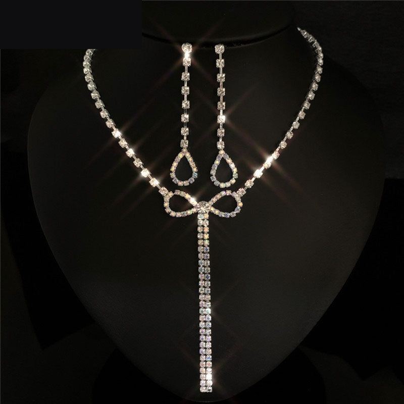 Water Drop Rhinestone Long Pendant Full Crystal Silver Jewelry Set