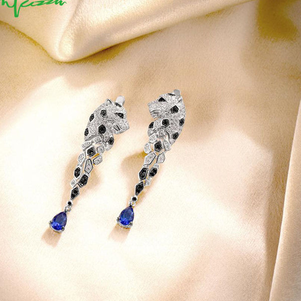 925 Sterling Silver Leopard Sparkling Blue Cubic Zirconia Drop Earrings
