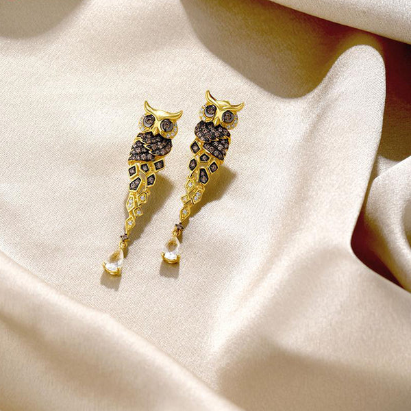 Pendientes colgantes de búho creativos con circonitas cúbicas de chocolate brillante en plata de ley 925 color dorado