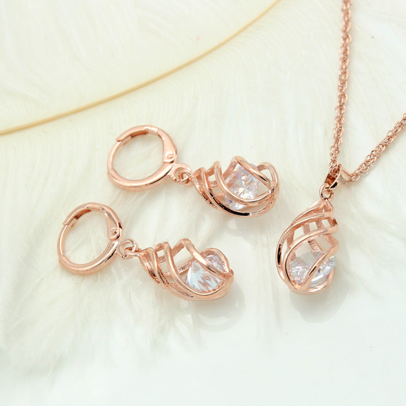 Spiral Hollow Water Drop Dangle Drop Zircon Earrings Rose Gold Color Jewelry Set