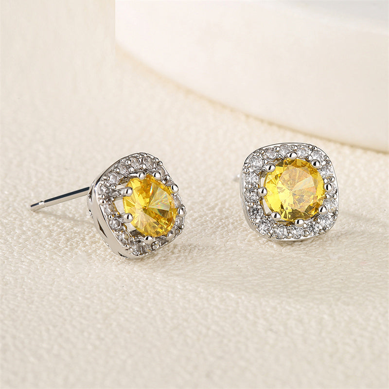Fashion Yellow White Cz Zirconia Square Earrings & Necklace Set
