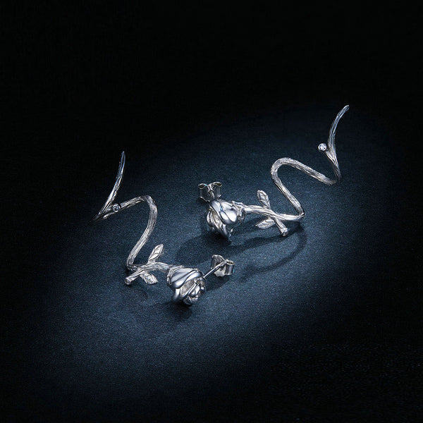 Pendientes de clip con forma de rosa y espinas para mujer, de plata de ley 925 auténtica