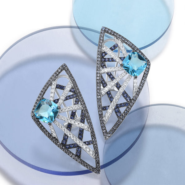 Pendientes colgantes geométricos de plata de ley 925 con circonitas blancas y piedras azules