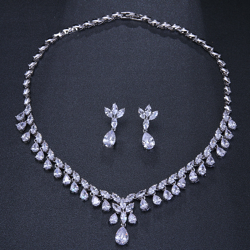 Luxury Sparking Brilliant Cubic Zircon Drop Earring Necklace Jewelry Set