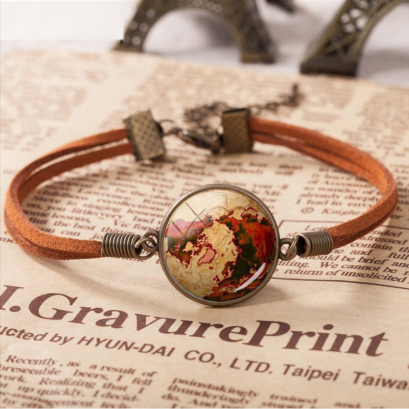 Planet Earth World Globe Map  Vintage Leather Bracelet