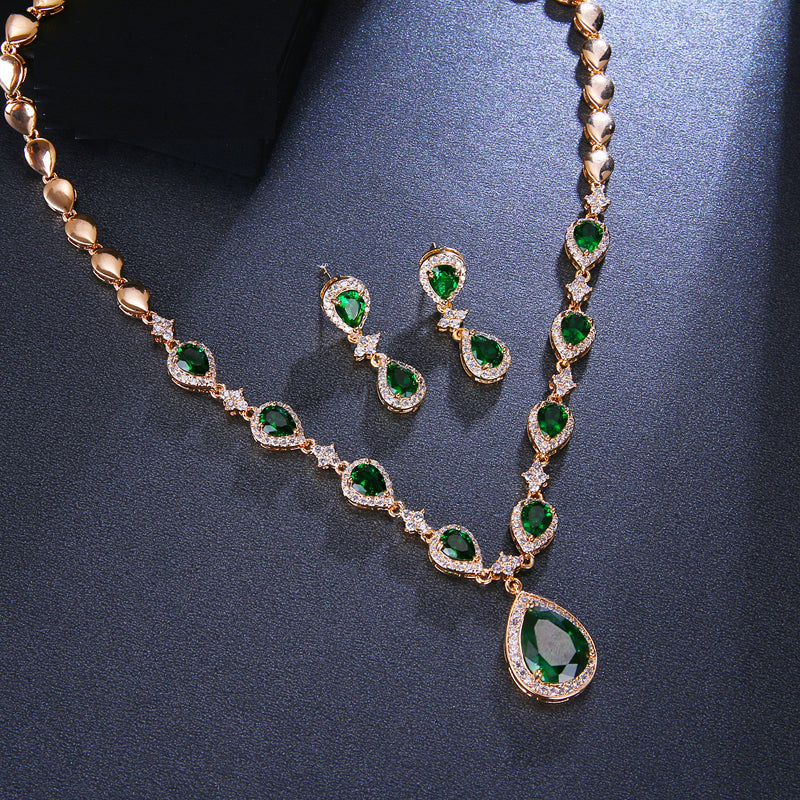 Rose Gold Green Waterdrop Appearance Zirconia  Earrings And Necklace Jewelry Sets