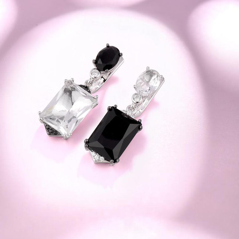 925 Sterling Silver Sparkling White Black Crystal Drop Earrings