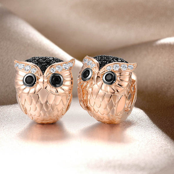 925 Sterling Silver Sparkling Black Spinel White CZ Owl Earrings