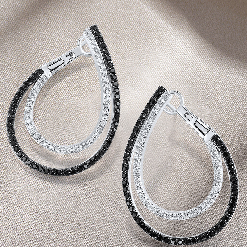 925 Sterling Silver Earrings Sparkling Black Spinel White Cubic Zirconia Earrings