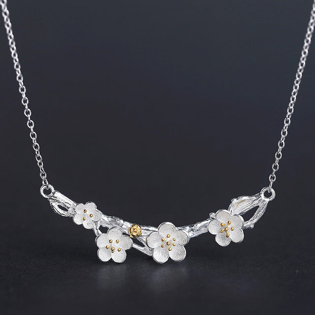 Silver Color Plum Flower Necklaces Ring Earrings Sets