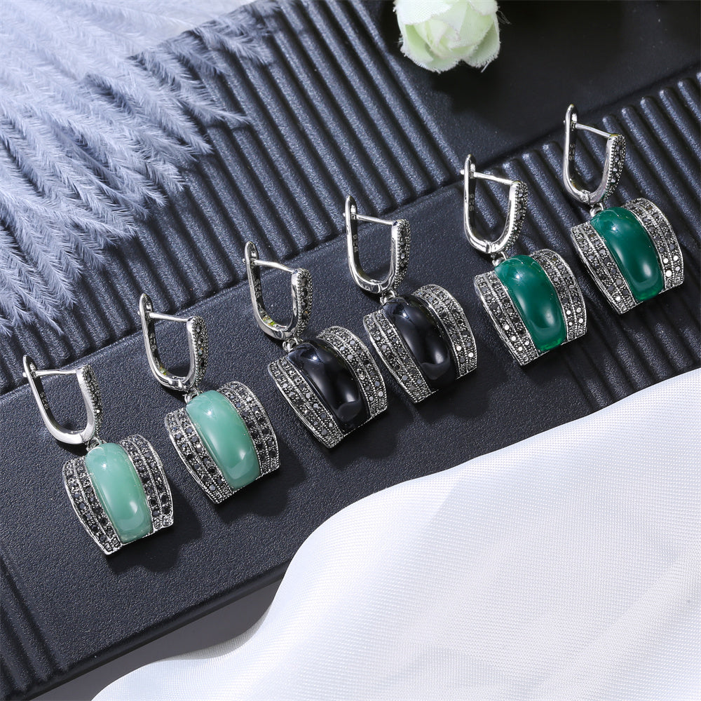 Geometric Green Stone Ring Necklace And Earrings Sets