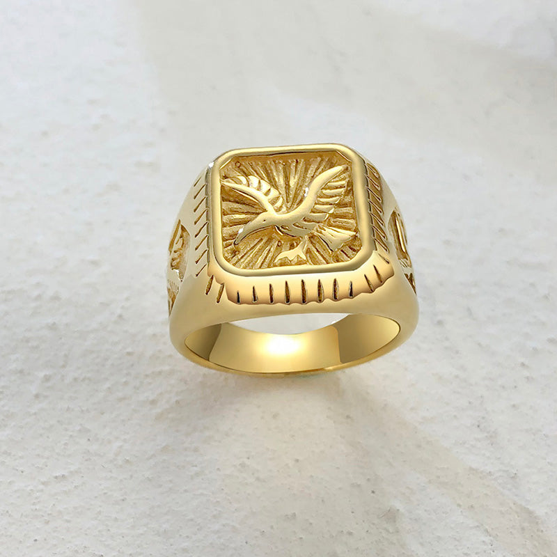 Bald Eagle Signet  Gold Plated Bird Ring For Men