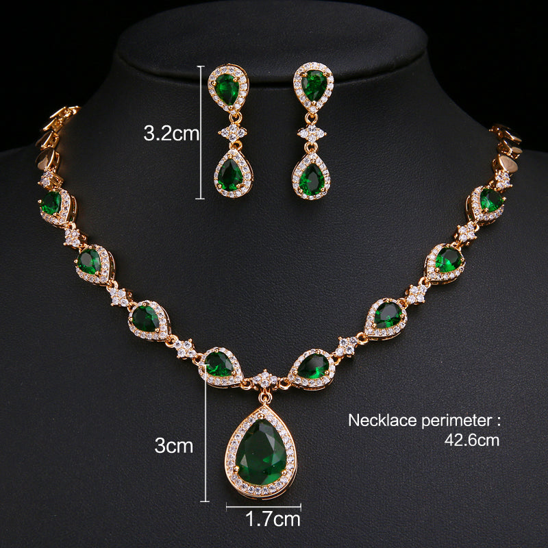 Rose Gold Green Waterdrop Appearance Zirconia  Earrings And Necklace Jewelry Sets