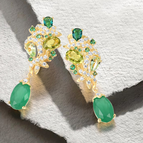Sparkling Green Gemstones White CZ Gold Color Drop Earrings