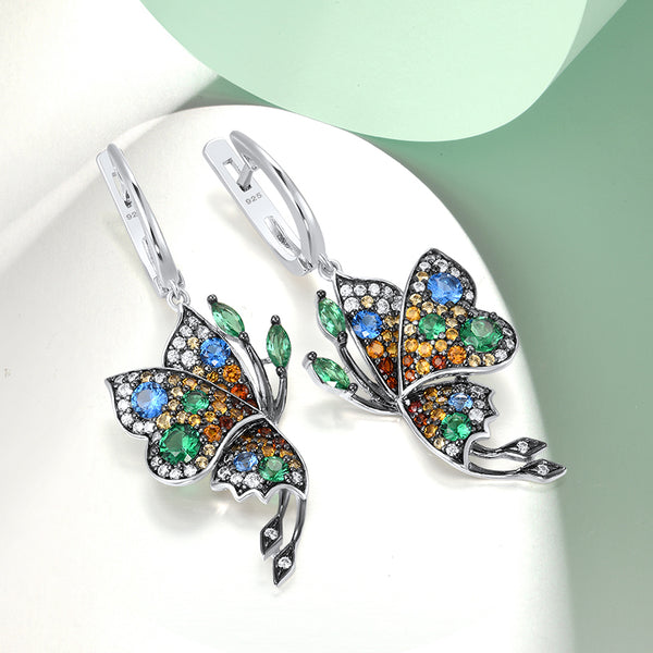 Pendientes de plata de ley 925 con mariposas y piedras brillantes de colores
