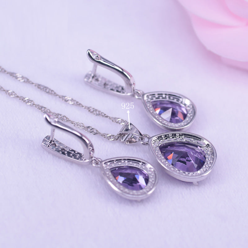 Many Colors Purple Crystal Silver Color Jewelry Set