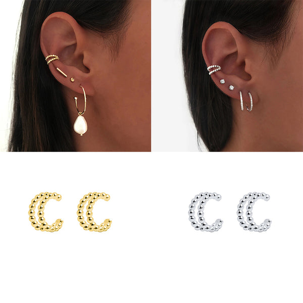 Pendientes de clip con cuentas redondas pequeñas de doble capa de hilo para mujer