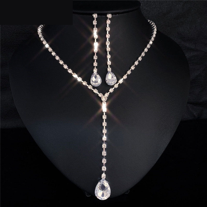 Water Drop Rhinestone Long Pendant Full Crystal Silver Jewelry Set