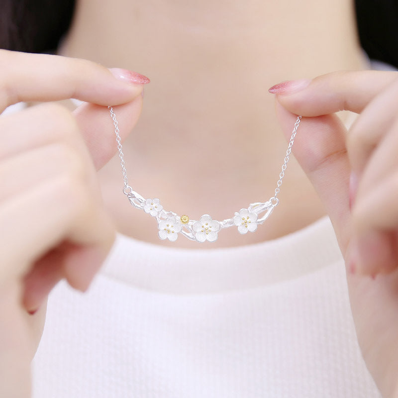 Silver Color Plum Flower Necklaces Ring Earrings Sets