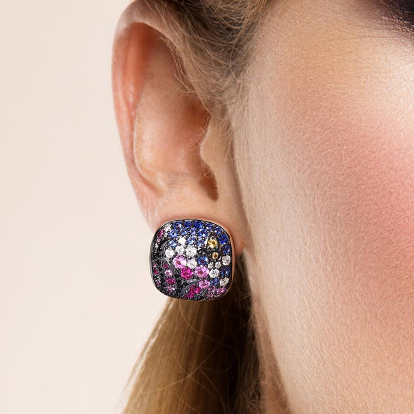 925 Sterling Silver Dazzling Pink Blue Stones Classical Square Earrings
