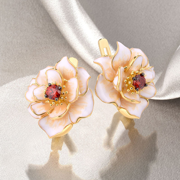 Gold Color White Lotus Flower Garnet Cubic Zirconia Silver Earrings