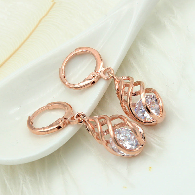 Spiral Hollow Water Drop Dangle Drop Zircon Earrings Rose Gold Color Jewelry Set