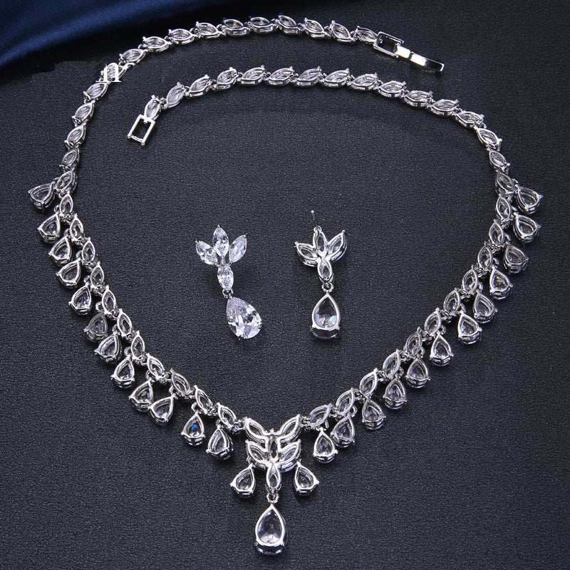 Luxury Sparking Brilliant Cubic Zircon Drop Earring Necklace Jewelry Set