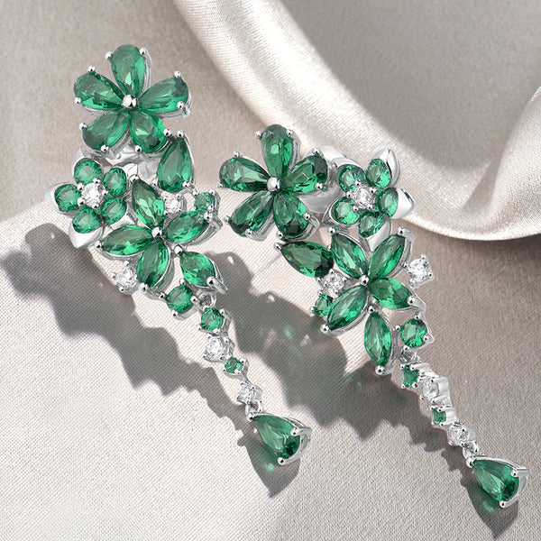 Pendientes colgantes de plata de ley 925 pura para mujer con flores verdes