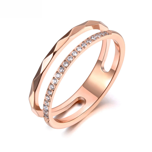 Titanium Stainless Steel Cut Face Ring Trendy Mosaic CZ Crystal Rose Gold Wedding Rings