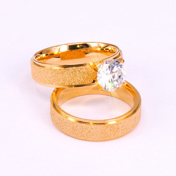 Simple Crystal Diamon Romantic Gold Titanium Steel Couple Ring