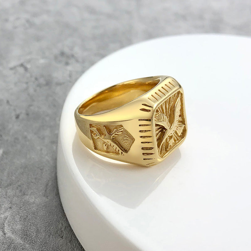 Bald Eagle Signet  Gold Plated Bird Ring For Men