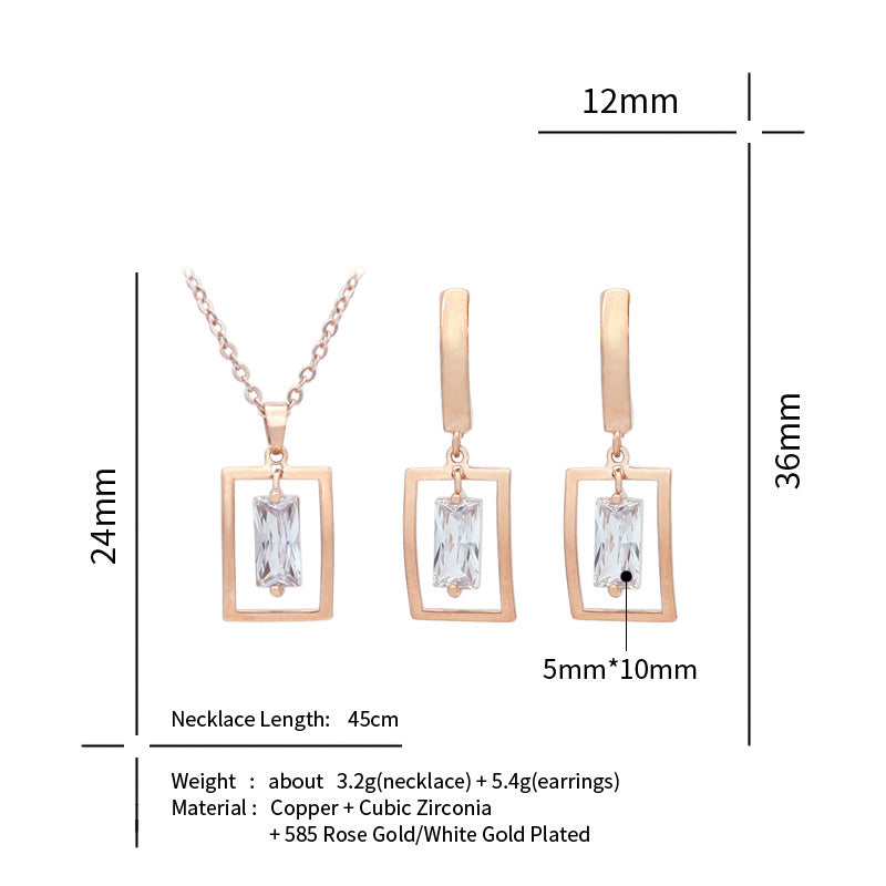Korean Square Shaking Cubic Zirconia Dangle Earrings Pendant necklace Jewelry Sets