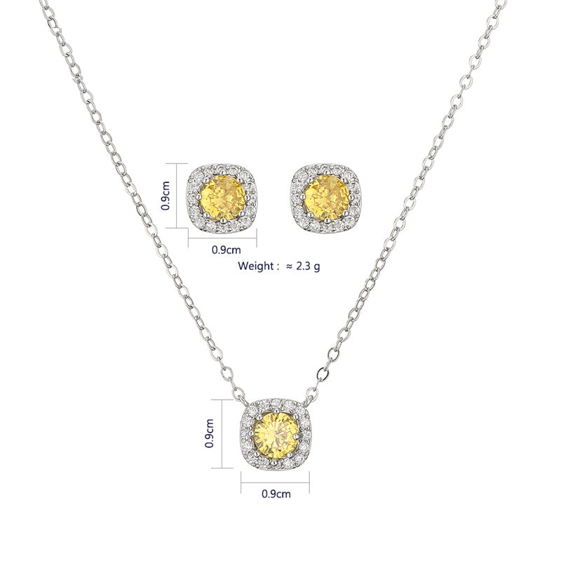 Fashion Yellow White Cz Zirconia Square Earrings & Necklace Set