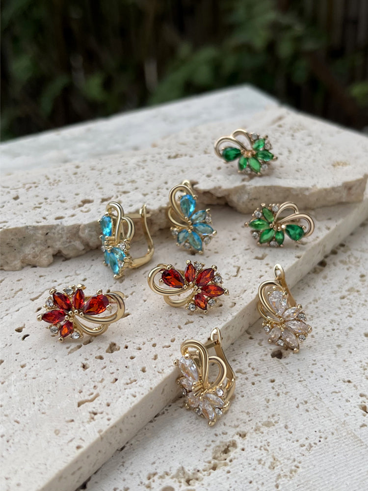 4 Color Noble Natural Zircon Flower Stud Earrings