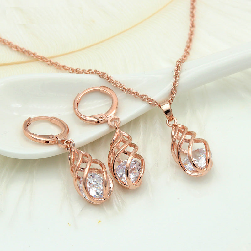 Spiral Hollow Water Drop Dangle Drop Zircon Earrings Rose Gold Color Jewelry Set