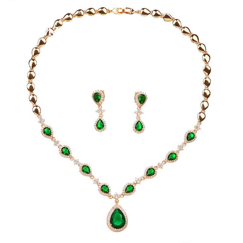 Rose Gold Green Waterdrop Appearance Zirconia  Earrings And Necklace Jewelry Sets