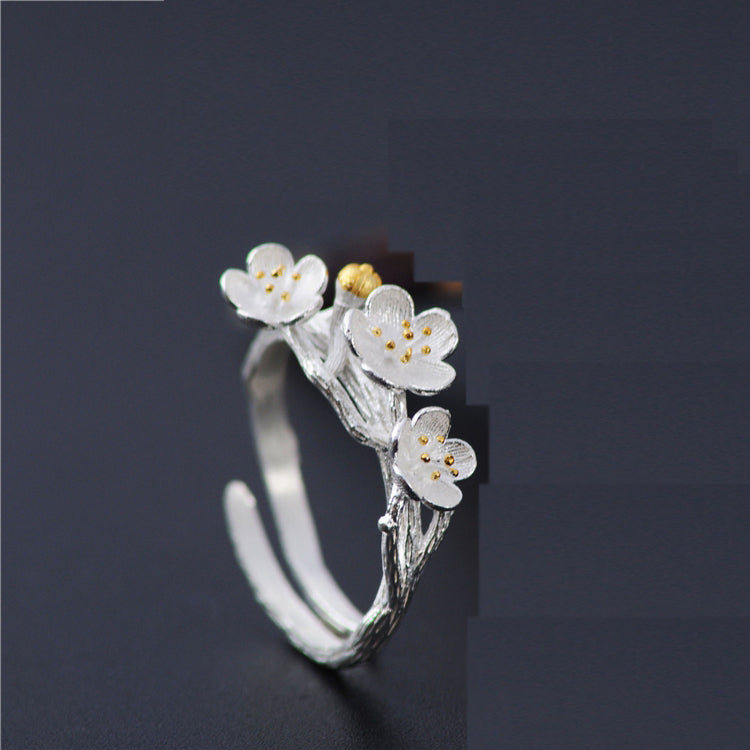 Silver Color Plum Flower Necklaces Ring Earrings Sets