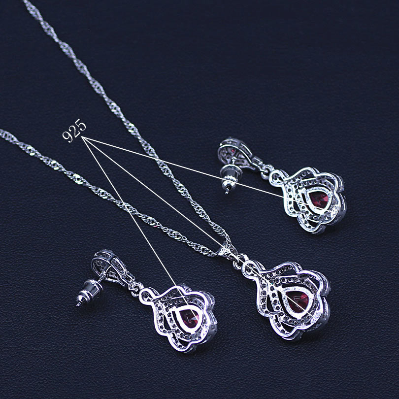 Christmas Gift Pear Rose Red cubic zirconia silver color jewelry sets