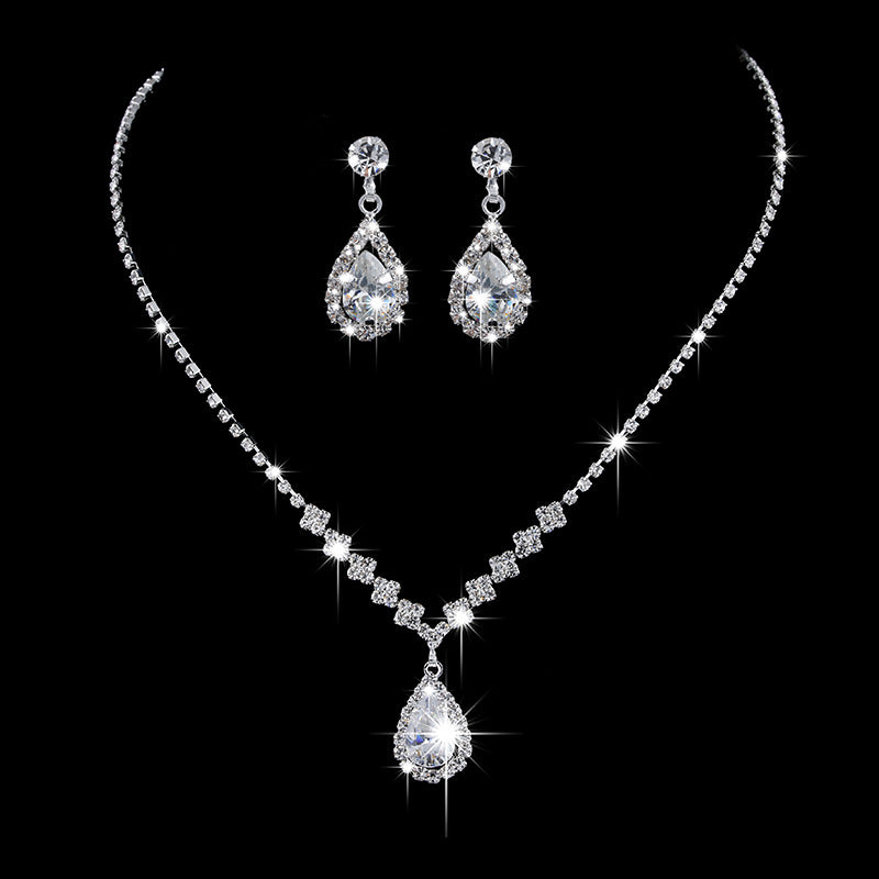 Water Drop Rhinestone Long Pendant Full Crystal Silver Jewelry Set