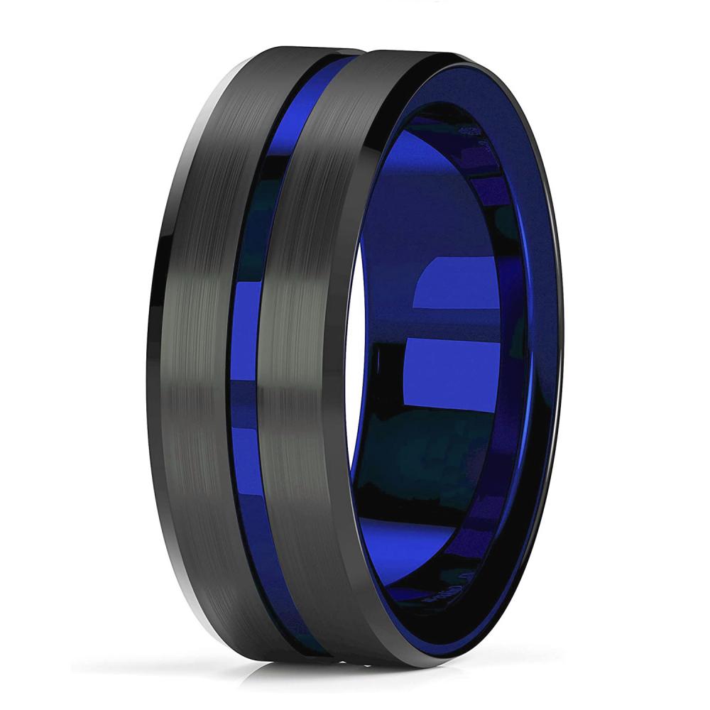 8MM Fashion Men's Blue Groove Beveled Edge Stainless Steel Dragon Ring