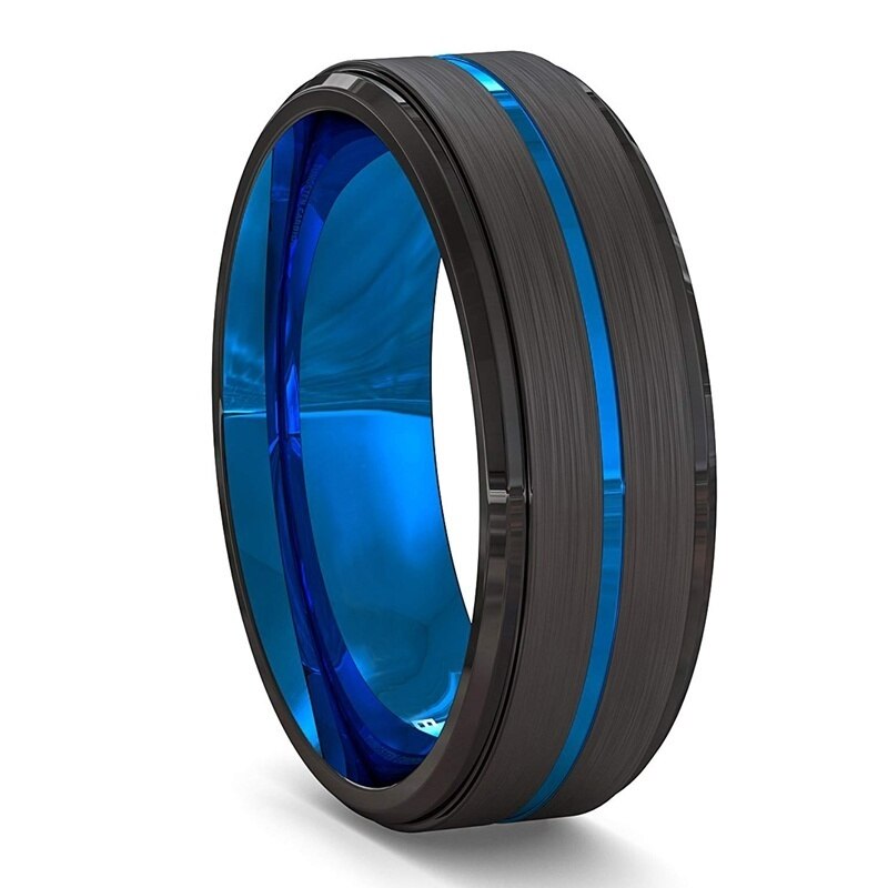 8MM Fashion Men's Blue Groove Beveled Edge Stainless Steel Dragon Ring
