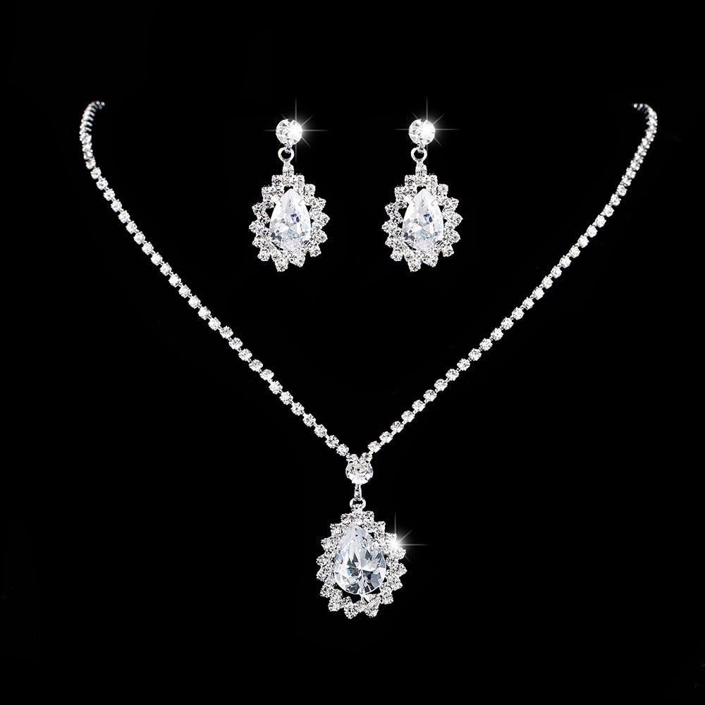Water Drop Rhinestone Long Pendant Full Crystal Silver Jewelry Set