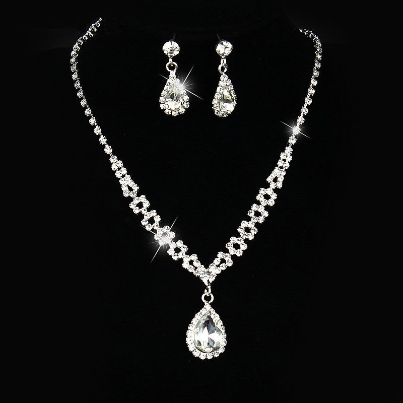Water Drop Rhinestone Long Pendant Full Crystal Silver Jewelry Set